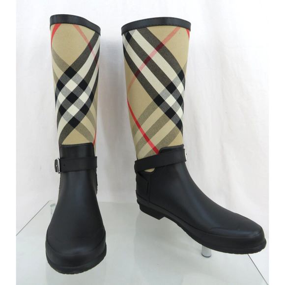 BURBERRY SIMEON BLACK RUBBER BEIGE CHECK LOGO KNEE HIGH RAIN BOOTS US 11 EU 41 - Picture 9 of 14